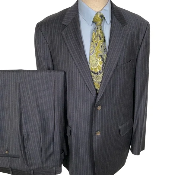 Stafford Executive Suit Mens 44L 36W 30L Navy Pinstripe 2 Button Office Wool